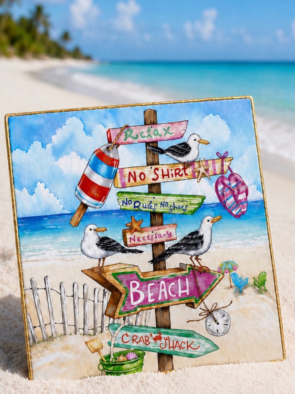 Hand Crafted Beach Sign Decorative Ceramic Tile 6”